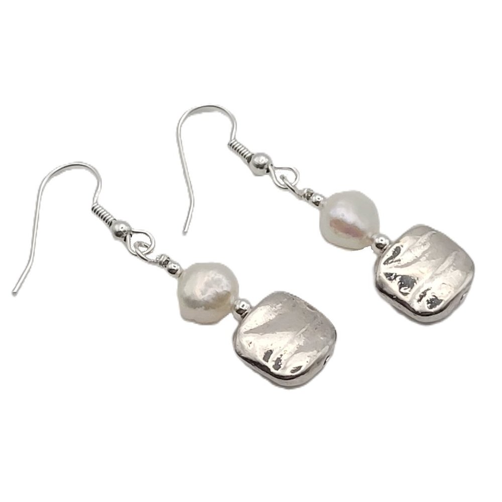 Cultured Pearl and Textured Silver Beaded Earrings - Unique & Elegant - Handmade